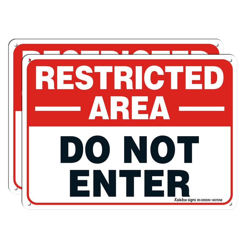 Faittoo Restricted Area Sign, Do Not Enter Signs Metal, 2 Pack, 10 x 7 inch .40 Rust Free Aluminum, UV Protected, Weather Resistant, Waterproof, Durable Ink, Easy to install - Image 1